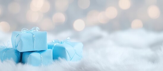 Poster - Blue gift boxes on soft white fur with a dreamy bokeh background creating ideal copy space for holiday greetings and celebrations