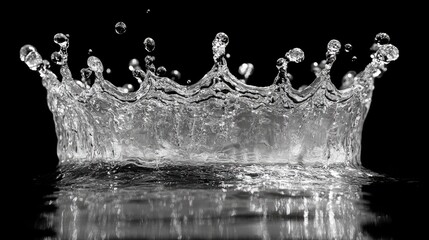Poster - Crown shaped water splash on a reflective surface isolated on black background showcasing dynamic motion and beauty in nature