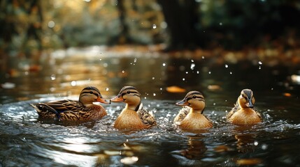 Poster - Ducks swimming in a serene waterbody surrounded by autumn foliage capturing a peaceful nature moment