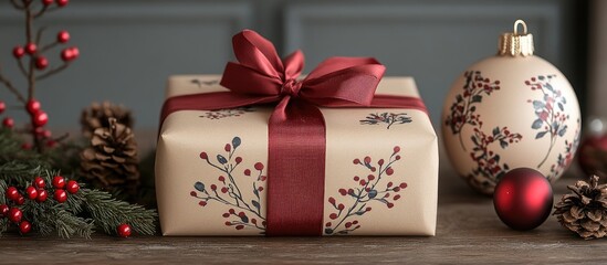 Poster - Ecological Christmas gift wrapping with kraft paper red ribbon and decorative bauble on wooden table with festive greenery