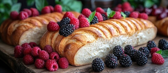 Poster - Rustic bread filled with cream cheese and topped with fresh blackberries and raspberries on a wooden table for a picnic or party setting