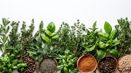 Poster - Assorted fresh herbs and aromatic spices arranged in wooden bowls on a white background for culinary context and presentation.