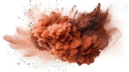 Aufkleber - Brown powder explosion creating a vibrant color cloud and dust bursts against a white background showcasing dynamic movement and energy.