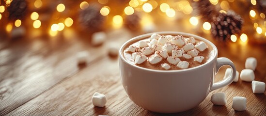 Poster - Cozy cup of hot chocolate topped with marshmallows surrounded by warm light bokeh creating a festive atmosphere on a wooden table