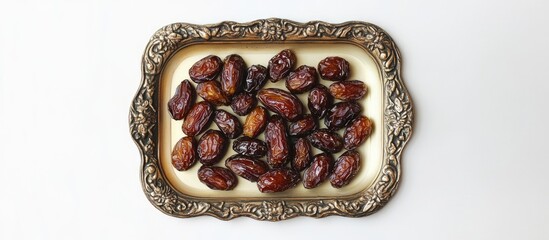 Aufkleber - Dried dates arranged beautifully on an ornate tray showcasing rich textures and colors against a clean white background