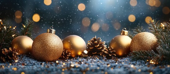 Aufkleber - Vintage Christmas backdrop with golden ornaments and pinecones adorned with sparkling lights and soft snowfall ambiance.