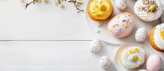 Aufkleber - Easter themed cupcakes and decorated eggs styled on a rustic white wooden table backdrop perfect for spring celebrations.