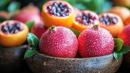 Poster - Passion fruit with vibrant colors and water droplets in a wooden bowl showcasing fresh tropical produce set against a blurred background