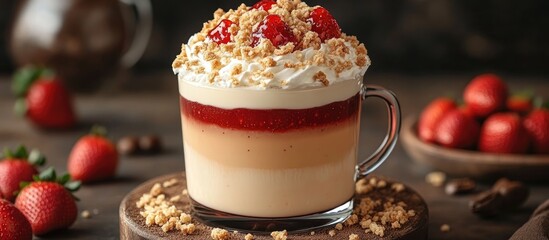 Poster - Delicious coffee latte dessert layered with strawberry cream jam and crumble topped with fresh strawberries on a wooden table
