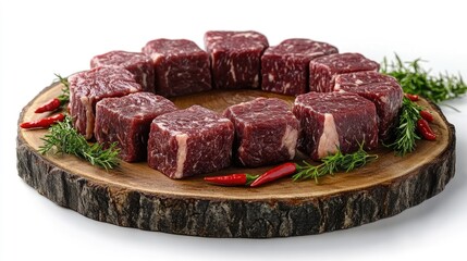 Poster - Raw beef medallion pieces arranged on a rustic wooden platter with red hot peppers and fresh herbs isolated on a white background