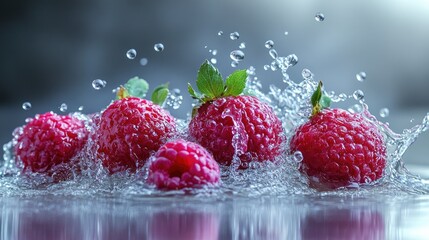 Poster - Raspberries creating a splash in water isolated on a white background showcasing freshness and vibrant colors in a dynamic scene