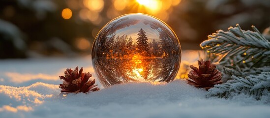 Aufkleber - Festive winter scene with a mirrored sphere reflecting snow, pinecones, and a sunset backdrop in a serene outdoor setting