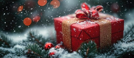 Poster - Festive Christmas Scene with Red Gift Box and Fir Tree Decorated in Snowy Winter Atmosphere