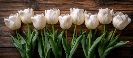 Poster - Bouquet of elegant white tulips arranged on rustic wooden surface for floral and nature themed compositions