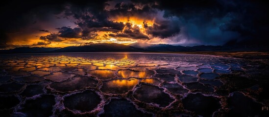Poster - Aerial view of a dramatic salt lake landscape at sunset showcasing surreal colors and textures in a springtime setting