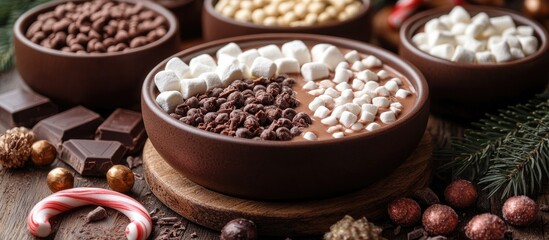 Poster - Hot chocolate station with assorted toppings including marshmallows and candy canes arranged on a wooden table for festive celebrations