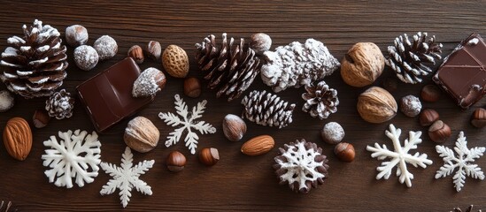 Poster - Chocolate and coffee holiday dessert with nuts and fir cones on rustic wood backdrop creating a festive winter ambiance selective focus