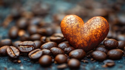 Poster - Rustic heart shape among roasted coffee beans symbolizing love and passion for coffee appreciation