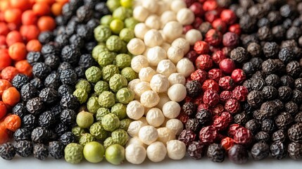 Aufkleber - Colorful assortment of black white and green pepper seeds arranged on a clean white background for culinary or gardening themes