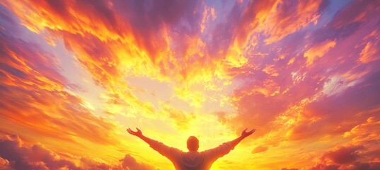 Wall Mural - silhouette of person on majestic sky sunset scene. generative ai technology.