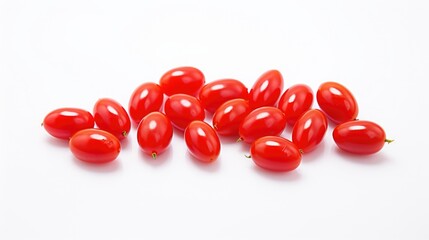 Poster - Vibrant cherry tomatoes arranged artistically on a clean white background showcasing their fresh and glossy appearance for culinary use.