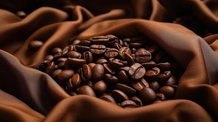 Poster - Brown roasted coffee beans on rich textile background close up highlighting aroma and texture of flavorful caffeine beverage components