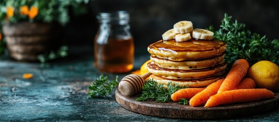 Aufkleber - Delicious banana pancakes with honey served alongside fresh carrots and vibrant vegetables on a rustic wooden table