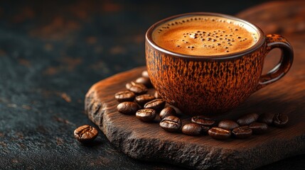 Poster - Cup of freshly brewed coffee with coffee beans on a rustic wooden board against a dark textured background