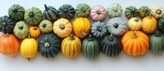 Poster - Colorful assortment of decorative pumpkins and squashes arranged on a white background for fall harvest aesthetic and seasonal decor.