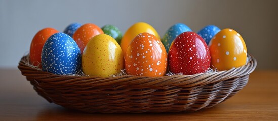 Aufkleber - Colorful Easter eggs arranged in a woven basket on a light background celebrating the festive spirit of spring and holiday traditions.