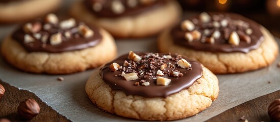 Poster - Delicious chocolate coated sugar cookies topped with hazelnut pieces arranged on parchment paper for a festive treat.
