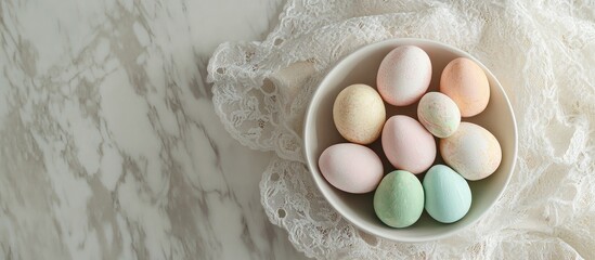Aufkleber - Pastel Colored Easter Eggs in Bowl on Lace Tablecloth with Copy Space for Family Celebration or Spring Theme Background