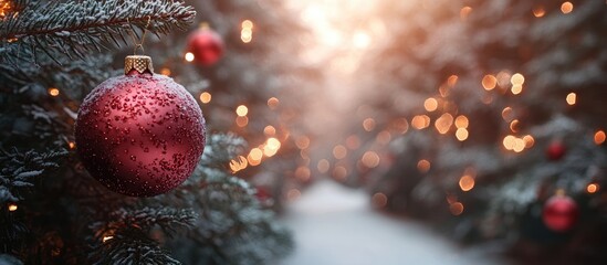 Poster - Warm evening lights illuminating red and gold Christmas ornaments on tree branches with soft focus in a serene festive atmosphere