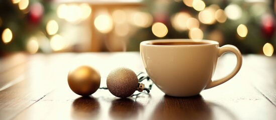 Poster - Winter coffee moment with festive ornaments on a wooden table creating a cozy holiday atmosphere.