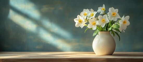 Poster - Nephthytis plant displayed in a ceramic vase on a rustic wooden table against a softly lit textured background