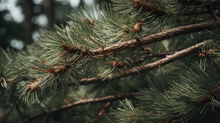 Poster - Close up of green pine tree branches showcasing detailed textures and natural beauty in a serene forest setting