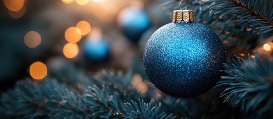 Poster - Blue ornament hanging on evergreen branches with a soft bokeh background showcasing Christmas lights and festive atmosphere.