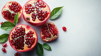 Poster - Sliced red pomegranate with vibrant seeds and green leaves on a light background showcasing fresh and healthy fruit options.