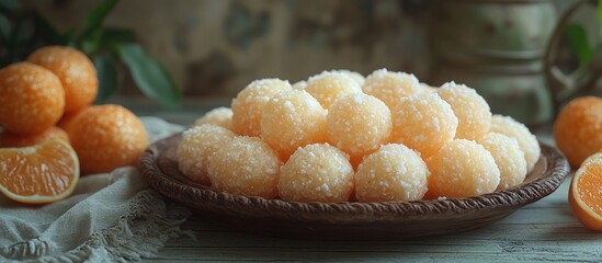 Poster - Coconut Sweet Laddoo arranged on a rustic plate with oranges in a soft moody backdrop highlighting traditional festive delicacies