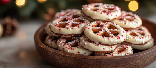 Poster - Delicious festive white chocolate pretzels decorated with colorful sprinkles arranged in a wooden bowl for holiday celebrations