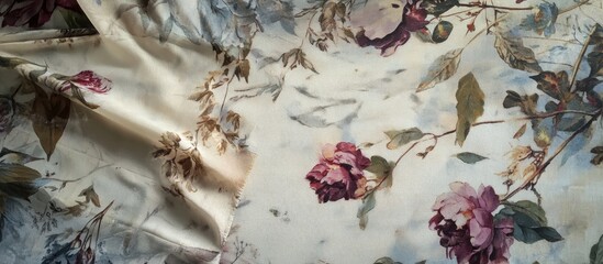 Poster - Floral patterned fabric displayed on a worktop with leaves and flowers removed for a clean and elegant design presentation