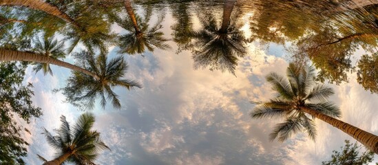 Poster - Majestic coconut trees under a clear blue sky with vibrant clouds creating a serene tropical paradise atmosphere.