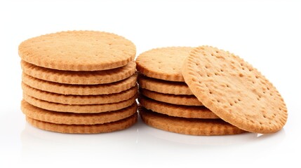 Aufkleber - Whole wheat digestive biscuits stacked on a white background showcasing their round shape and texture for healthy snack concepts.
