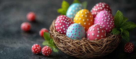 Aufkleber - Vibrant Easter eggs in colorful shades arranged with sweets on a rustic background for festive celebrations