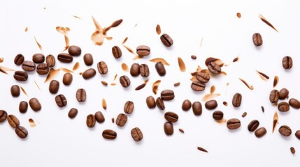 Poster - Coffee beans scattered on a clean white background with natural wood shavings creating a coffee-themed composition