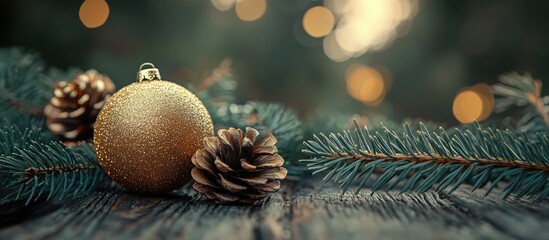 Aufkleber - Rustic Christmas arrangement with fir branches golden ball and pine cones on a wooden surface perfect for winter holiday greetings