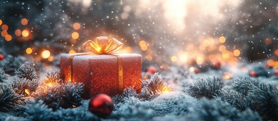Aufkleber - Festive Christmas gift box on a snowy backdrop with glowing bokeh lights creating a warm holiday atmosphere.
