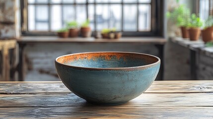 Poster - Handmade ceramic bowl with a rustic finish and warm colors set against a cozy background of potted plants and natural light.