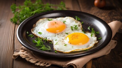 Poster - Fried eggs garnished with fresh herbs on a rustic table representing a simple nutritious breakfast in international cuisine