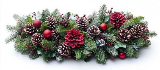 Aufkleber - Festive Christmas wreath arrangement featuring pinecones red ornaments and vibrant floral accents on a white backdrop.